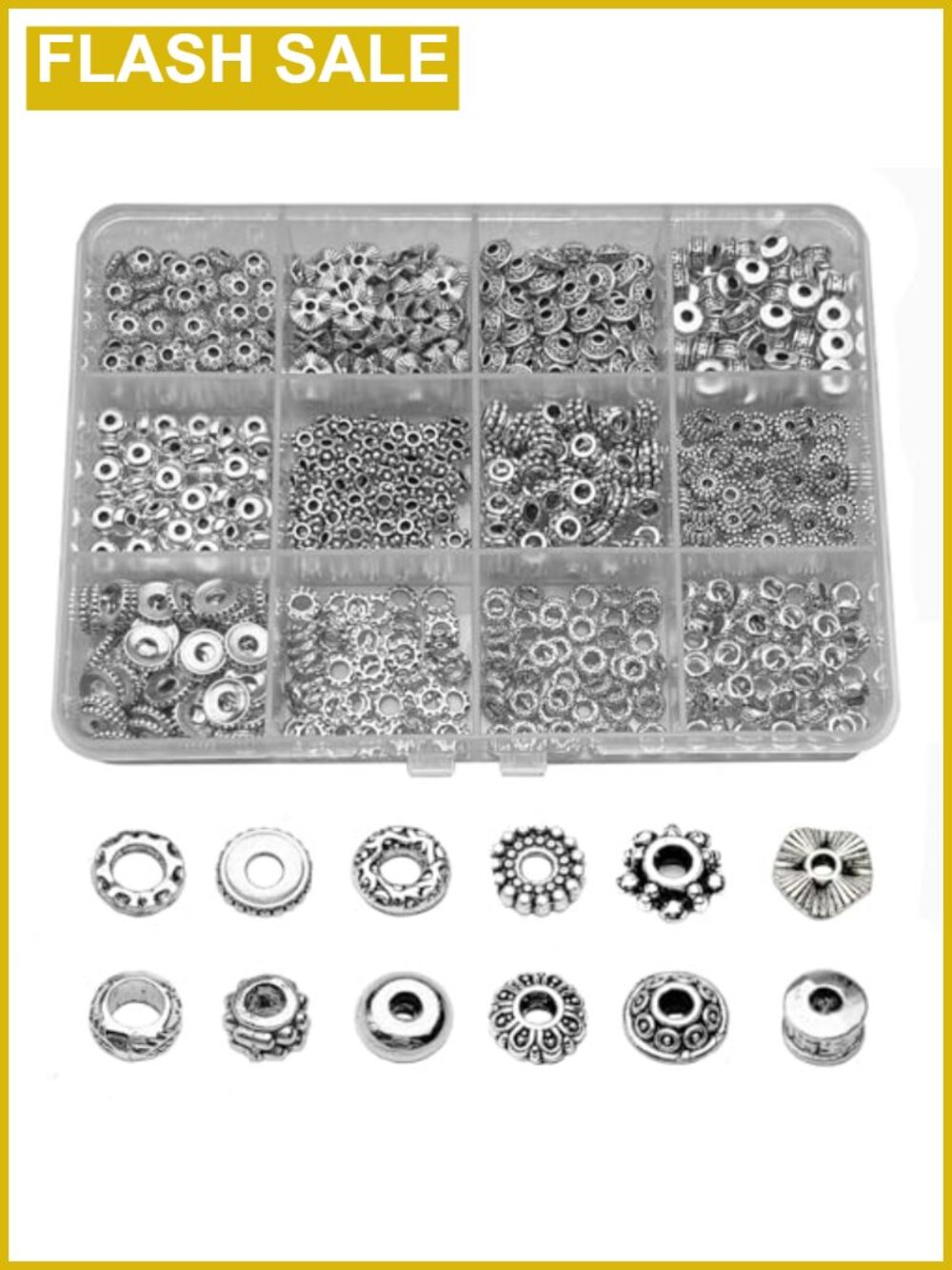 600pcs Silver Spacer Beads Jewelry Making Kit 12 Shapes Metal Tibetan Beads DIY